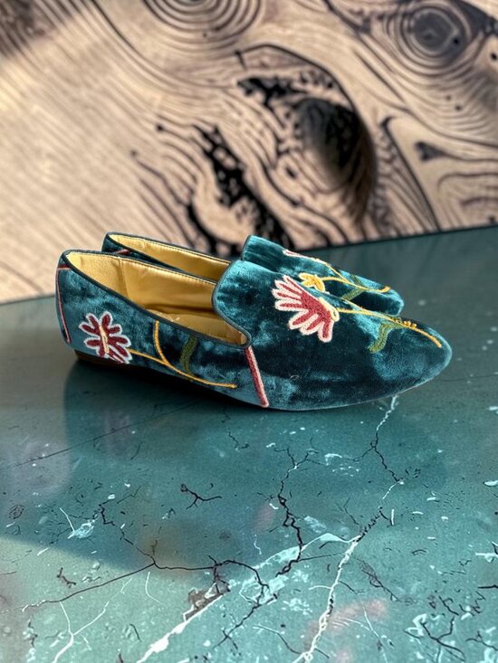 Birdies Shoes - Birdies Starling Embroidered Flat Blue Flat Velvet W 11 Teal Blue Flora Velvet